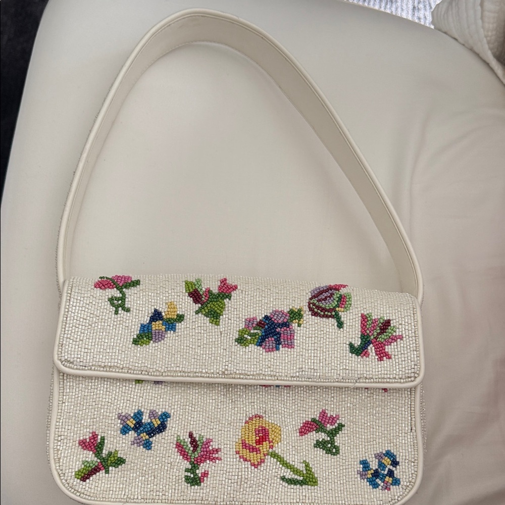 STAUD White Floral Beaded Shoulder Bag